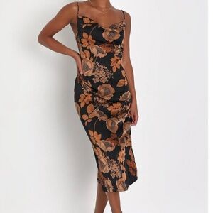Favorite Icon Black Floral Satin Cowl Neck Slip Midi Dress Medium